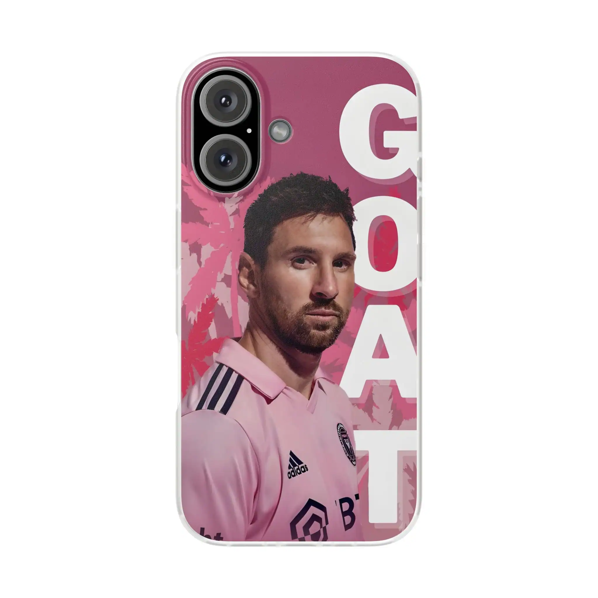 Manchester United soccer player wearing pink jersey with "GOAT" text in the background on a phone case.