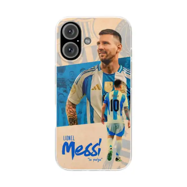 Lionel Messi phone case featuring two images of the football star in his Argentina team kit, with "Messi" and "Lee Pulga" text design. High-quality, affordable merchandise for fans.
