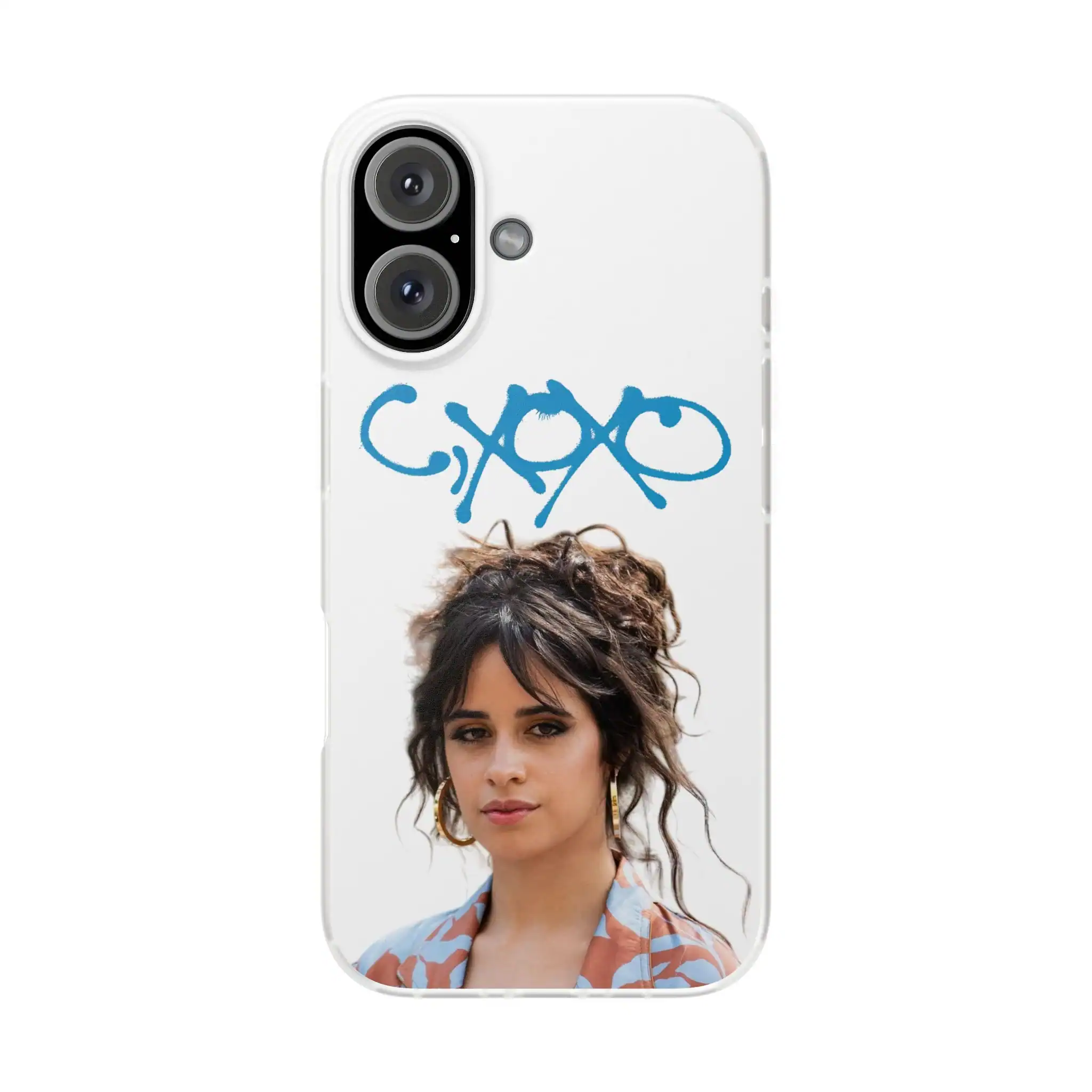 High-quality custom phone case featuring a stylish portrait of a young woman with curly hair and blue graffiti-style text. Affordable and durable merchandise for personal or promotional use.