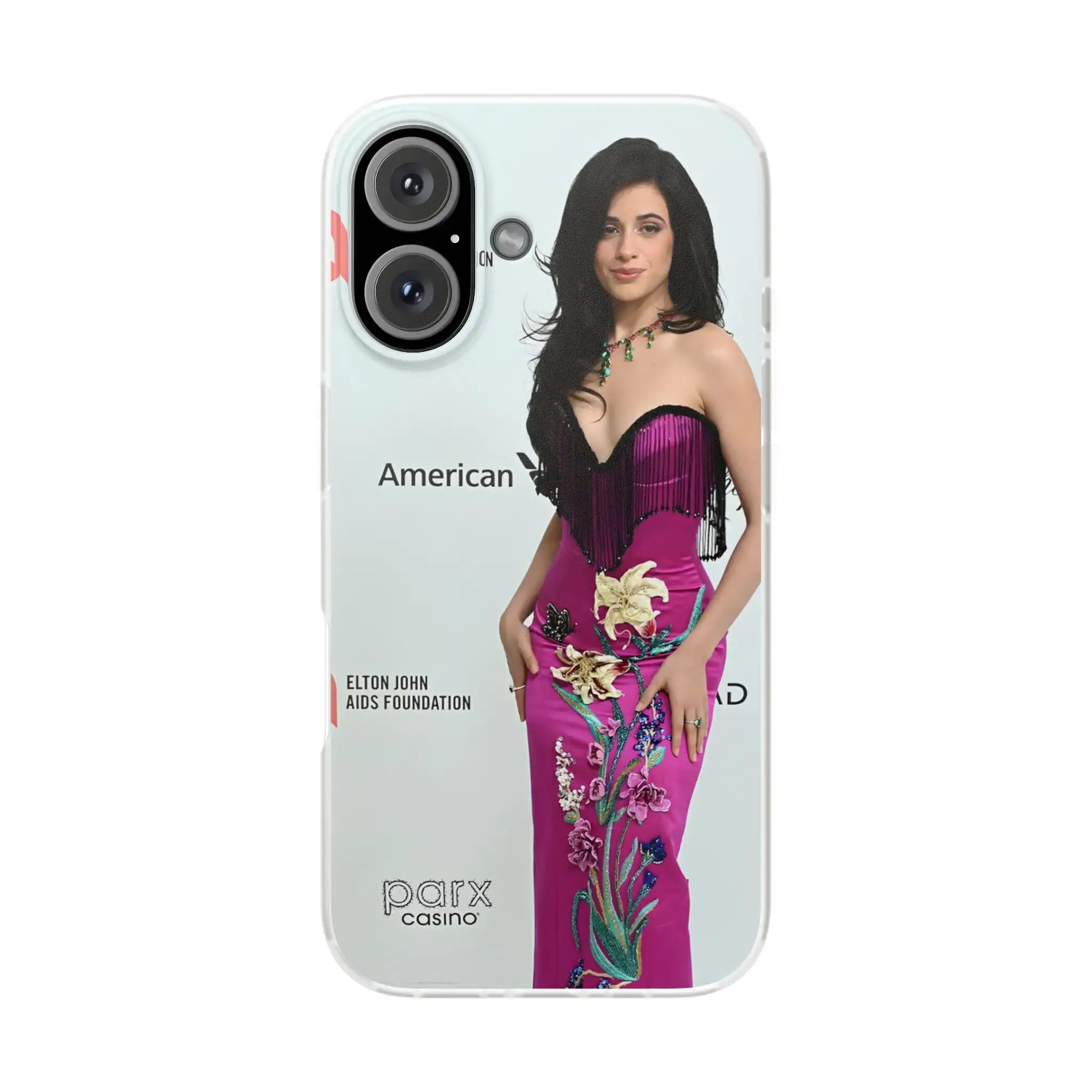 Black and white phone case featuring a woman in a pink floral dress with a green necklace.