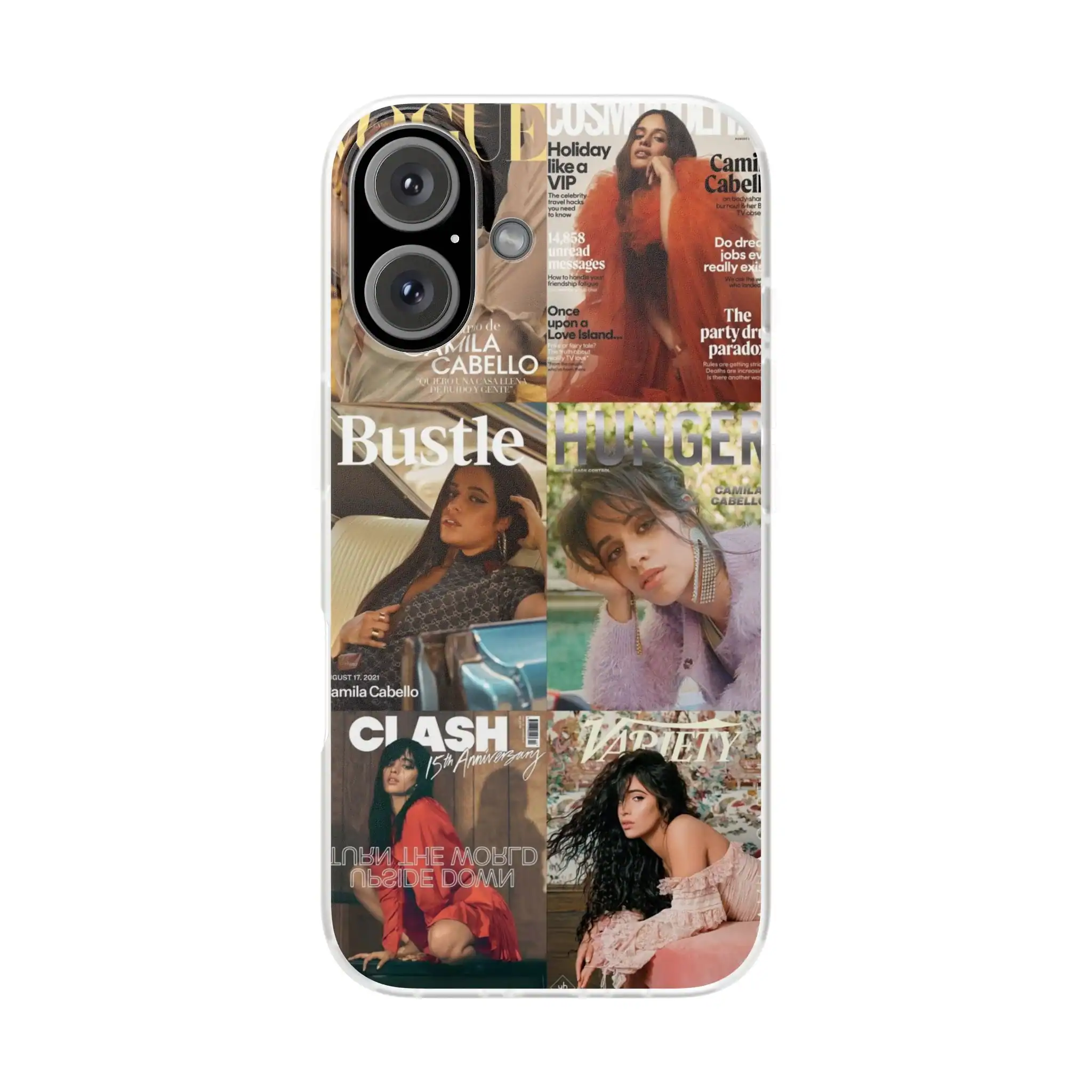 Vibrant collage phone case featuring magazine covers of Camila Cabello, Vogue, Bustle, Hunger, Clash, and Variety, demonstrating affordable, high-quality merchandise with stylish and trendy designs.