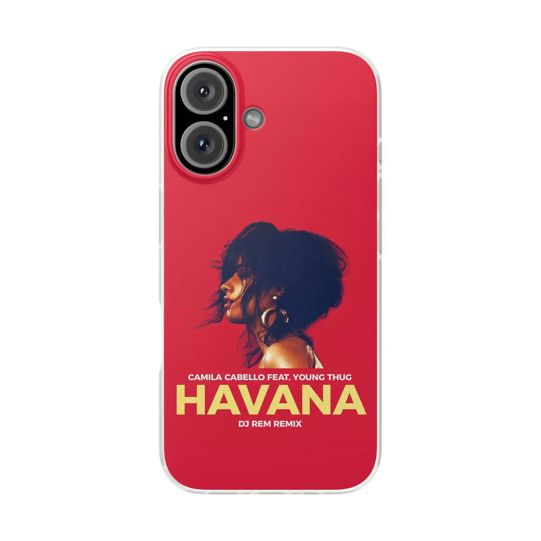 Camila Cabello Havana album cover phone case, vibrant red background with artistic portrait of artist, stylish and affordable merch for fans.
