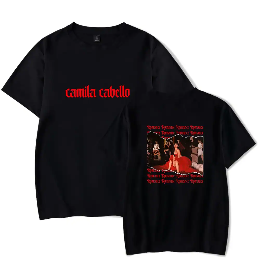 Canila cabello black t-shirt with red gothic text and romantic themed graphic print, affordable high-quality merchandise, trendy streetwear, casual daily wear.