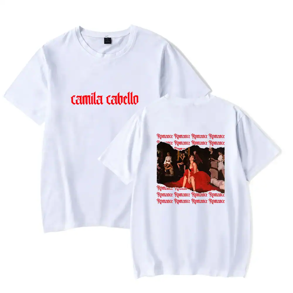 Soft white unisex t-shirt featuring bold red "Camila Cabello" text and a vibrant graphic print, perfect for fans seeking affordable, high-quality merchandise.
