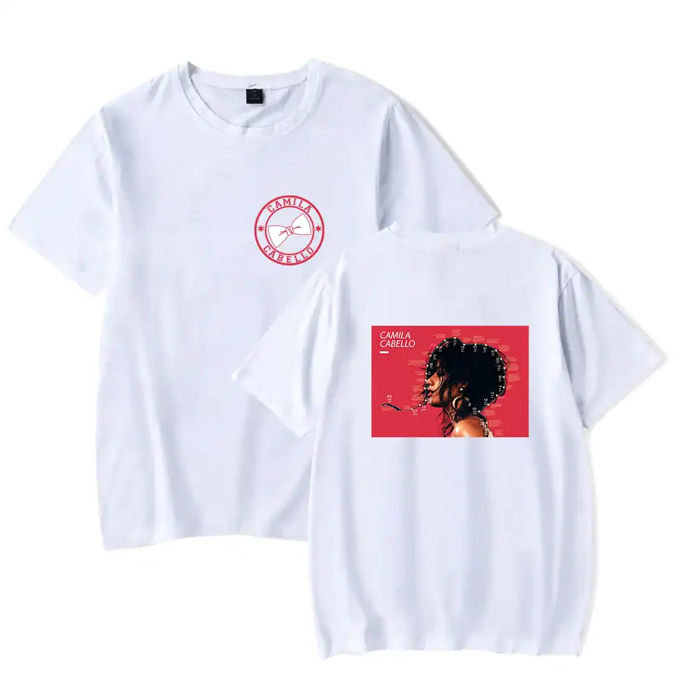 Camila Cabello white t-shirt with custom graphic design, affordable high-quality merch for fans.