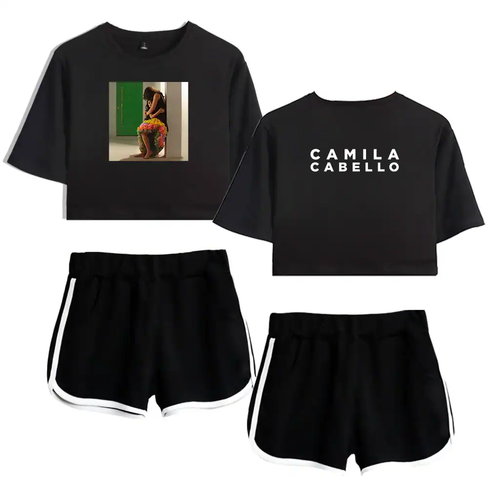 Black casual outfit set featuring a graphic T-shirt with a woman sitting and colorful flowers, paired with black shorts with white trim, available at affordable prices.