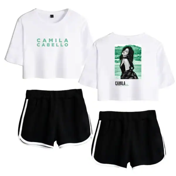 Cropped white t-shirts with "Camila Cabello" graphic design and black athletic shorts with white stripes, affordable and high-quality merch.