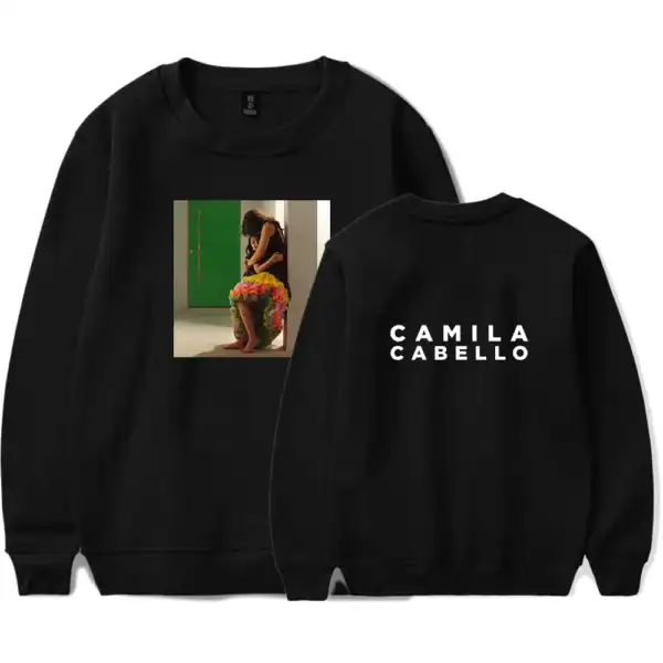 Cheap high quality merch sweatshirt with artist image and name design on black background.