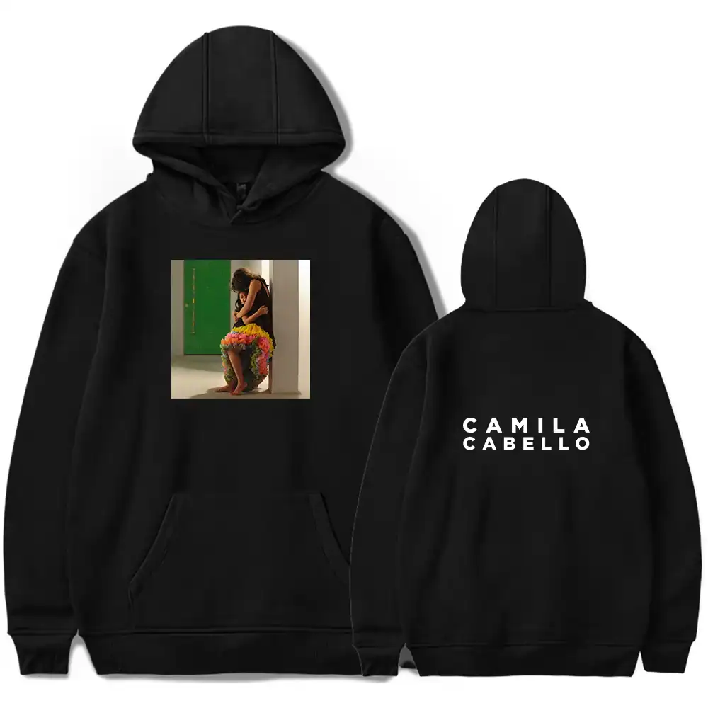 Black hoodie with colorful artistic print on front and “CAMILA CABELLO” text on back, high quality, affordable merchandise, stylish and comfortable, perfect for fans and casual wear.