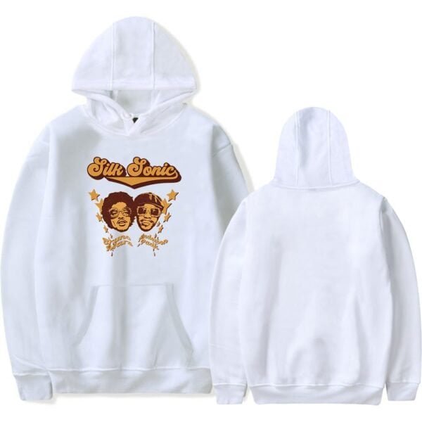 High-quality white hoodie featuring a stylish graphic of Silk Sonic members with bold, vibrant print. Perfect for fans and casual wear, combining affordability with great style.