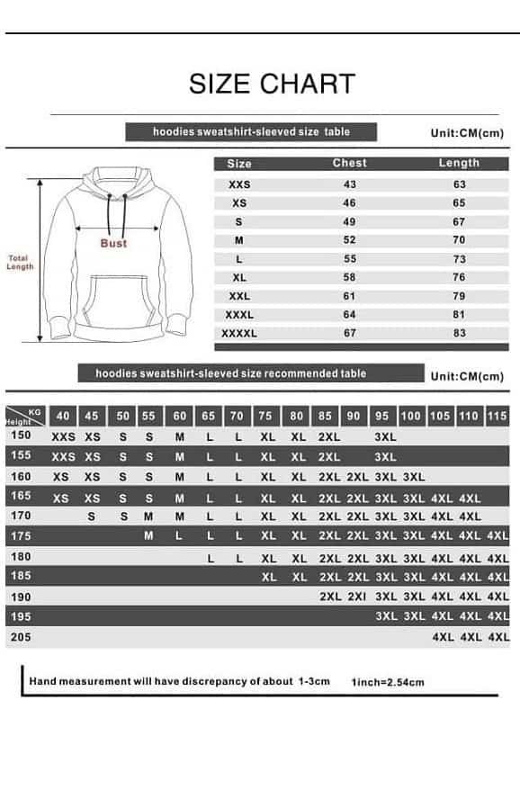 Cheap high quality merch hoodie sweatshirt with size chart and affordable pricing options.