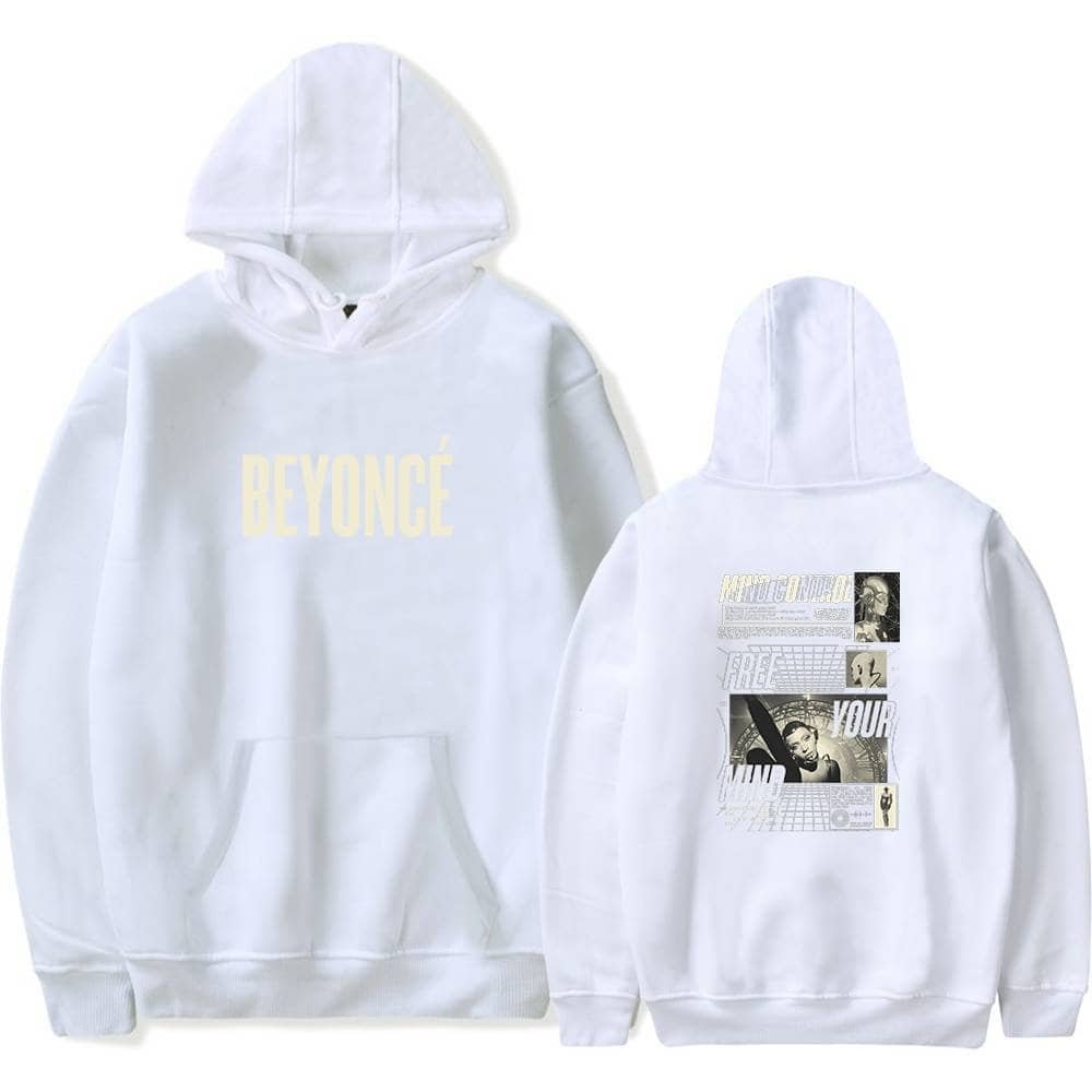Cheap high quality merch broad, comfortable white hoodie featuring Beyoncé text and artistic printed back design, perfect for fans wanting affordable, stylish apparel.