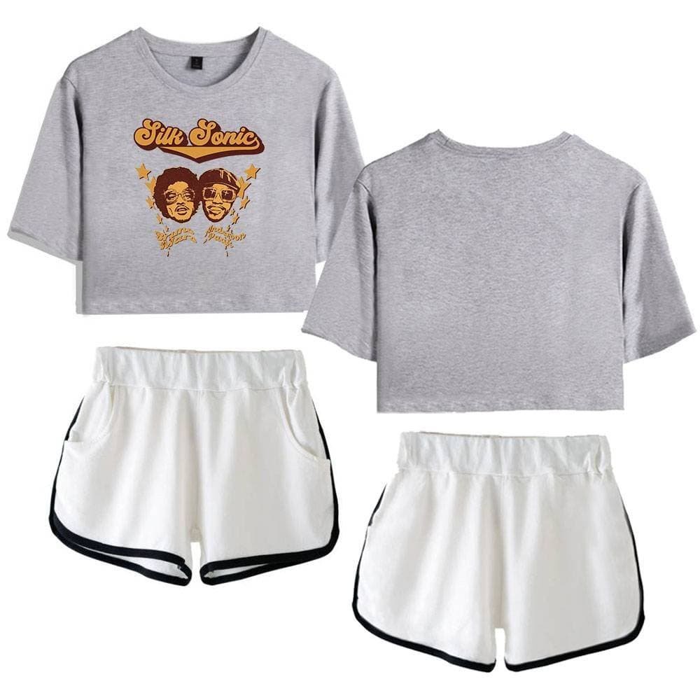 Silk sonic graphic crop top t-shirt with shorts set, casual and stylish for high-quality streetwear.