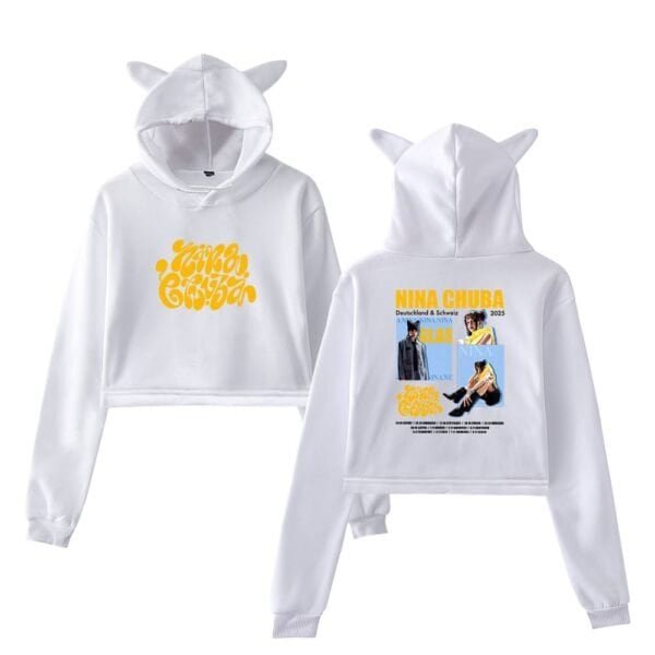 White cropped hoodie with cat ears, featuring vibrant yellow graphics on the front and back, perfect for stylish, affordable streetwear fans.