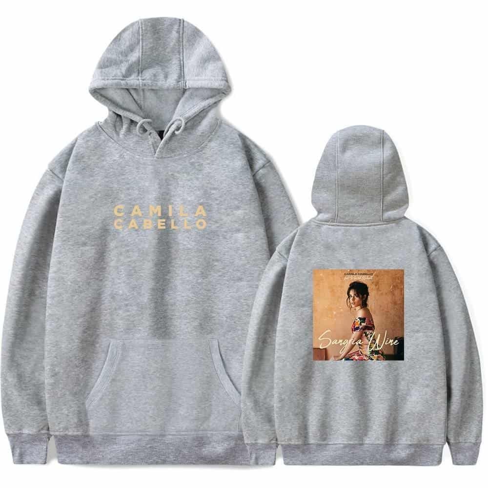Blue hoodie with "Camila Cabello" text and album cover design on the back, affordable high-quality merchandise, stylish and comfortable.