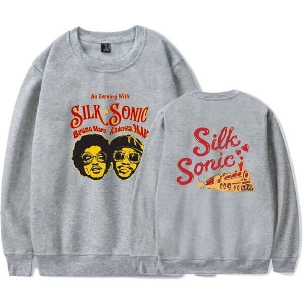 Silk sonic sweatshirt with retro-themed graphics and vibrant colors celebrating the band and their music.