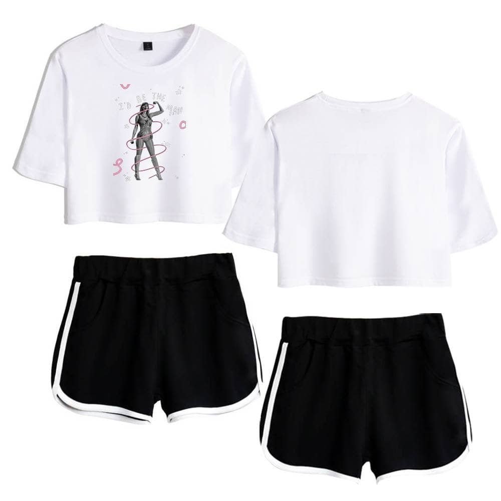 White crop top with graphic print of a woman and abstract designs, paired with black athletic shorts with white side stripes, affordable high-quality casual wear for stylish comfort, suitable for everyday or workout use.