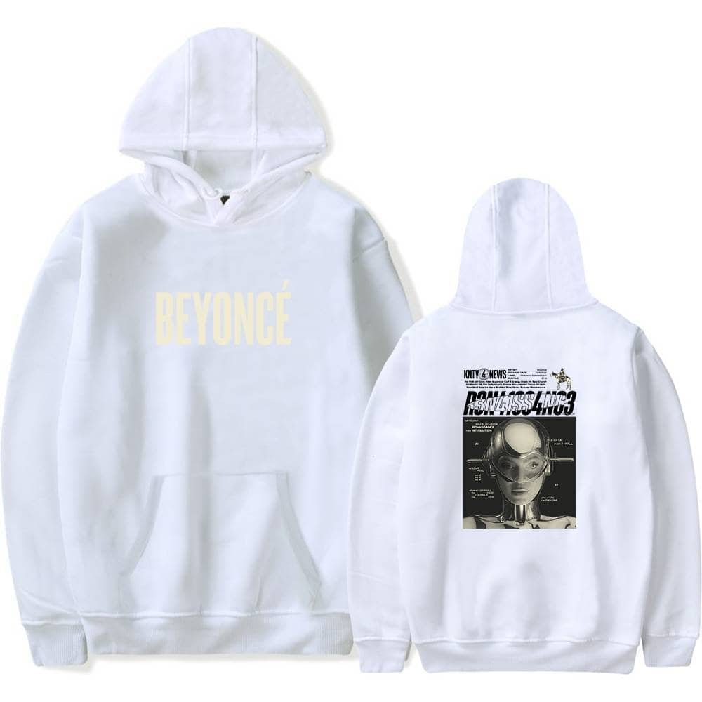 Beige hoodie with Beyonce graphic print and futuristic robot design, affordable high-quality merch.