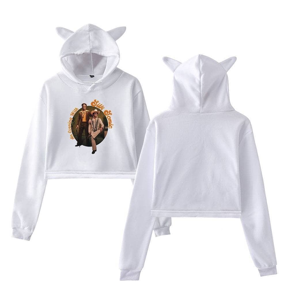 White hoodie with animal ears and a graphic print, perfect for stylish casual wear. Cheaper, high-quality merchandise with trendy designs, ideal for fans of fun and affordable fashion.