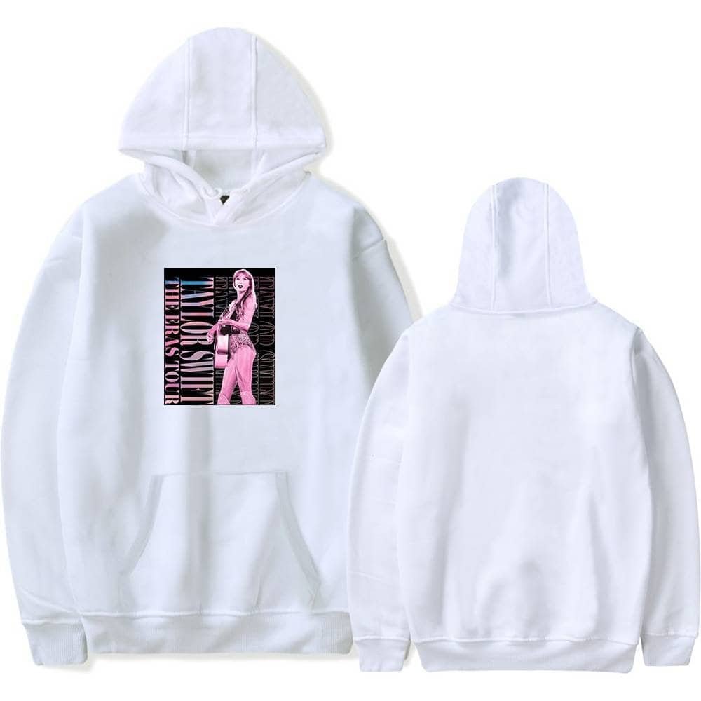 Premium white hoodie with a stylish graphic print, combining affordable prices with high-quality material for a trendy and comfortable merch option.