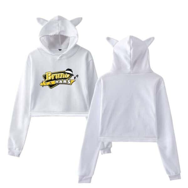 High-quality white hoodie and sweatpants with cute animal ears, featuring a customized "Bruno Mars" graphic, perfect for cozy, affordable, and stylish merch.