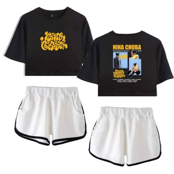 Black cropped t-shirt with bold yellow graphic design.