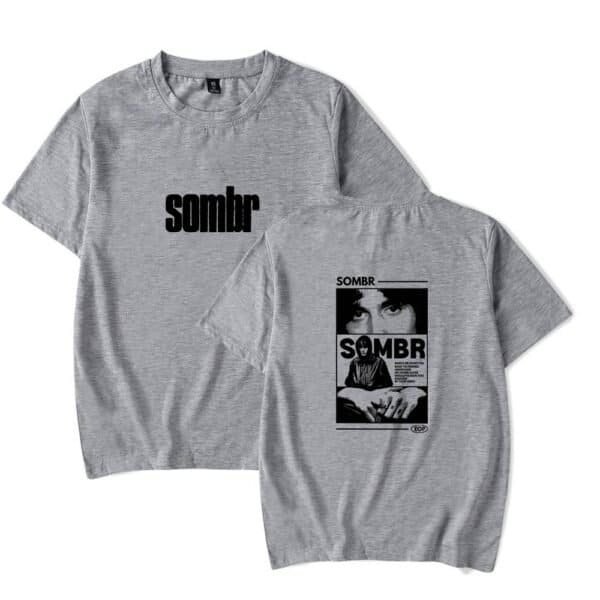 Sombre grey t-shirt with bold graphic print and photo design, stylish and affordable merchandise, perfect for streetwear and casual outings.