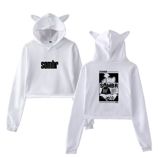 Sombra white hoodie and sweatpants set with cat ear hood, stylish and affordable high-quality merch, ideal for fans of bold graphic designs and streetwear fashion.