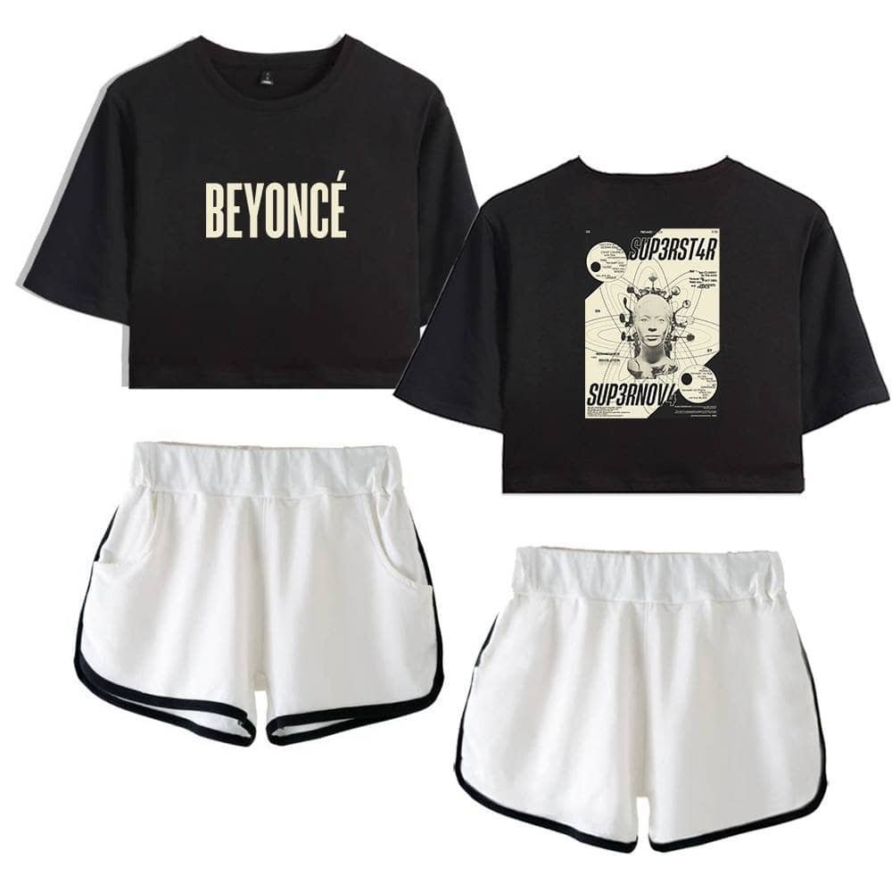 Black crop top with "BEYONCÉ" printed in white, featuring a retro graphic black T-shirt with a Beyoncé-inspired design and text, paired with white athletic shorts with black trim. Affordable, stylish, high-quality merchandise.