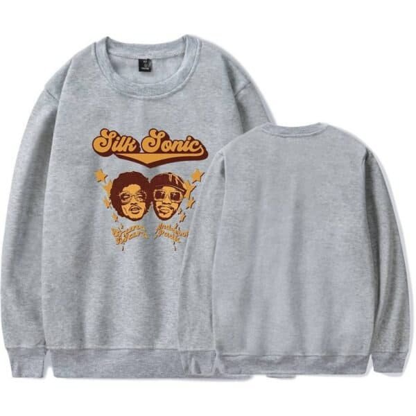 Silk sonic hoodie, gray sweatshirt with colorful graphic print of Silk Sonic band members, retro style, high-quality material, affordable pricing for fans and casual wear enthusiasts.