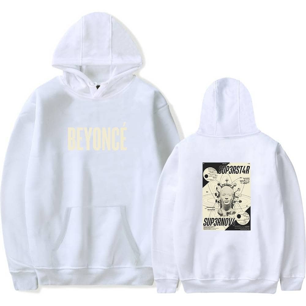 Beyonce white hoodie with graphic print, high quality streetwear, affordable price, trendy design, unisex unbranded merchandise, fashionable casual wear, popular music artist apparel, comfortable sweatshirt, stylish sportswear, modern design cheap high quality merch.