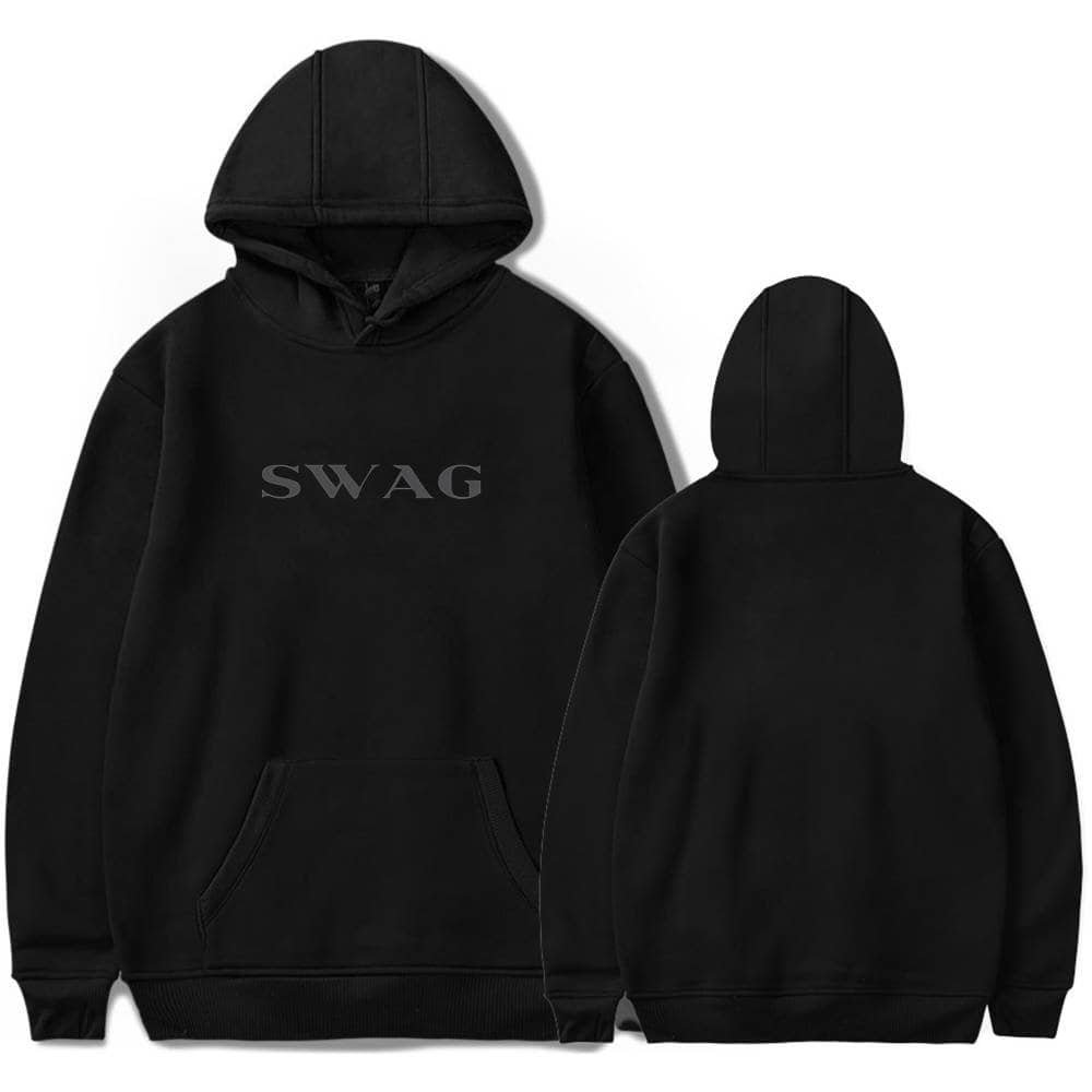 Large black hoodie with "SWAG" text, made of affordable high-quality material, perfect for casual wear and street style fashion.