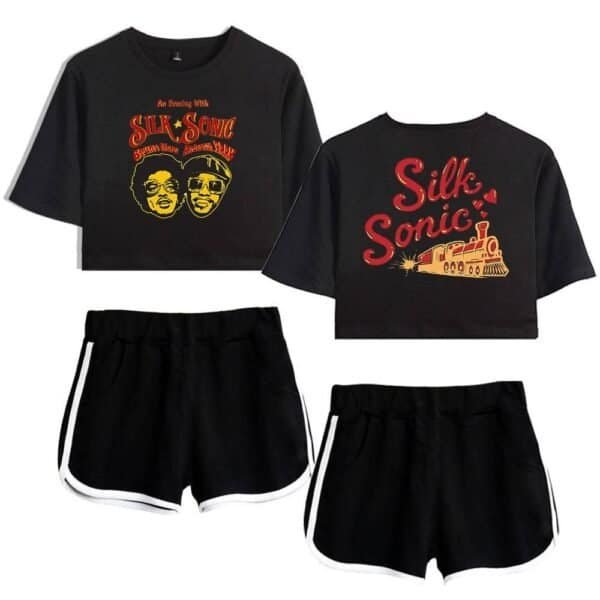 Silk Sonic matching casual outfit set featuring graphic crop tops and black athletic shorts, perfect for affordable, high-quality streetwear.
