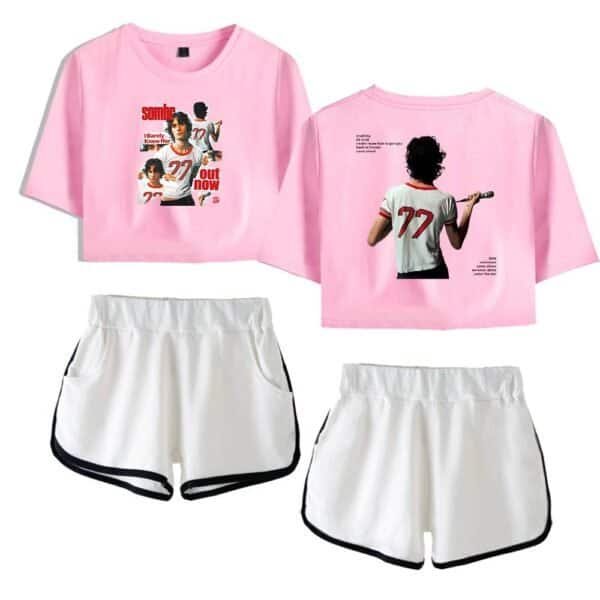 Comfy affordable graphic sweatshirt and sporty shorts set, trendy high-quality casualwear for women.