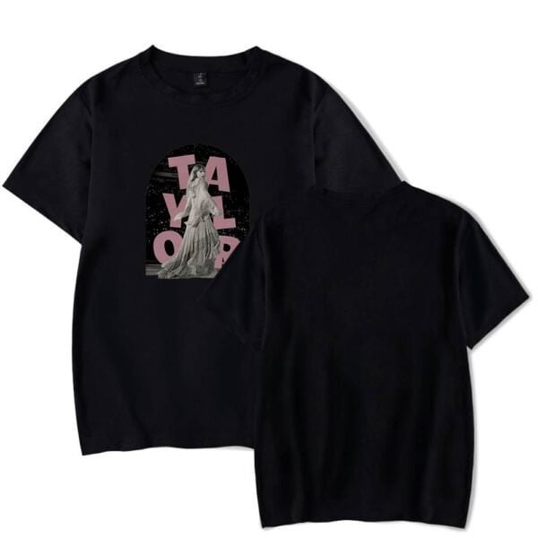 Black graphic t-shirt featuring a stylish design with a figure and pink text, perfect for cheap high-quality merch.