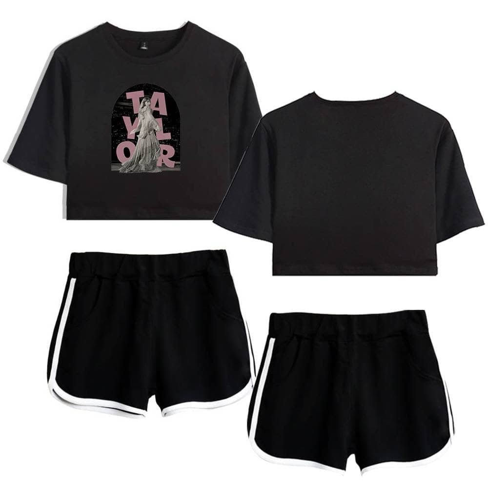 T-shirt and shorts matching set, casual black clothing for women, affordable and high-quality activewear, trendy streetwear outfit, comfortable summer apparel, inexpensive fashion attire, stylish athletic shorts, casual trendy merchandise, cheap high quality merch, sporty casual wear.