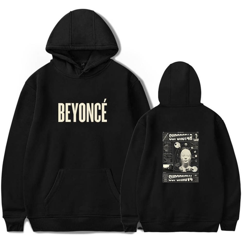 Stylish black Beyoncé hoodie with high-quality printing, perfect for affordable streetwear. Featuring bold front text and a futuristic graphic back design, it combines fashion and comfort.