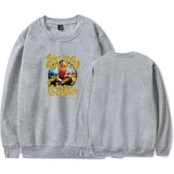 Vintage style grey sweatshirt featuring a colorful graphic print of a woman sitting outdoors with the words "Gionoon" in bold, retro font, ideal for affordable high-quality merch.