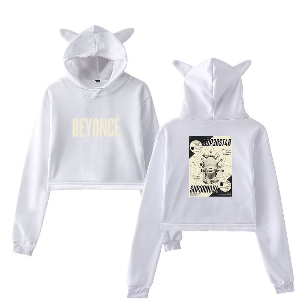 White hoodie set with a cartoon alien design and "BEYONCÉ" text on the front, featuring animal ears on the hood, perfect for affordable high-quality streetwear.