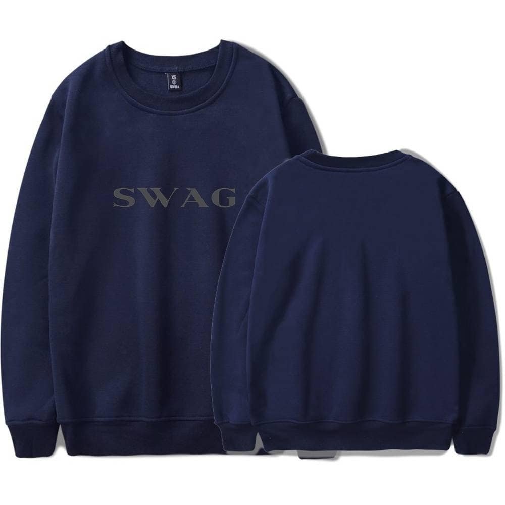 Comfy dark blue sweatshirt with "SWAG" printed on front, stylish high-quality casual apparel.