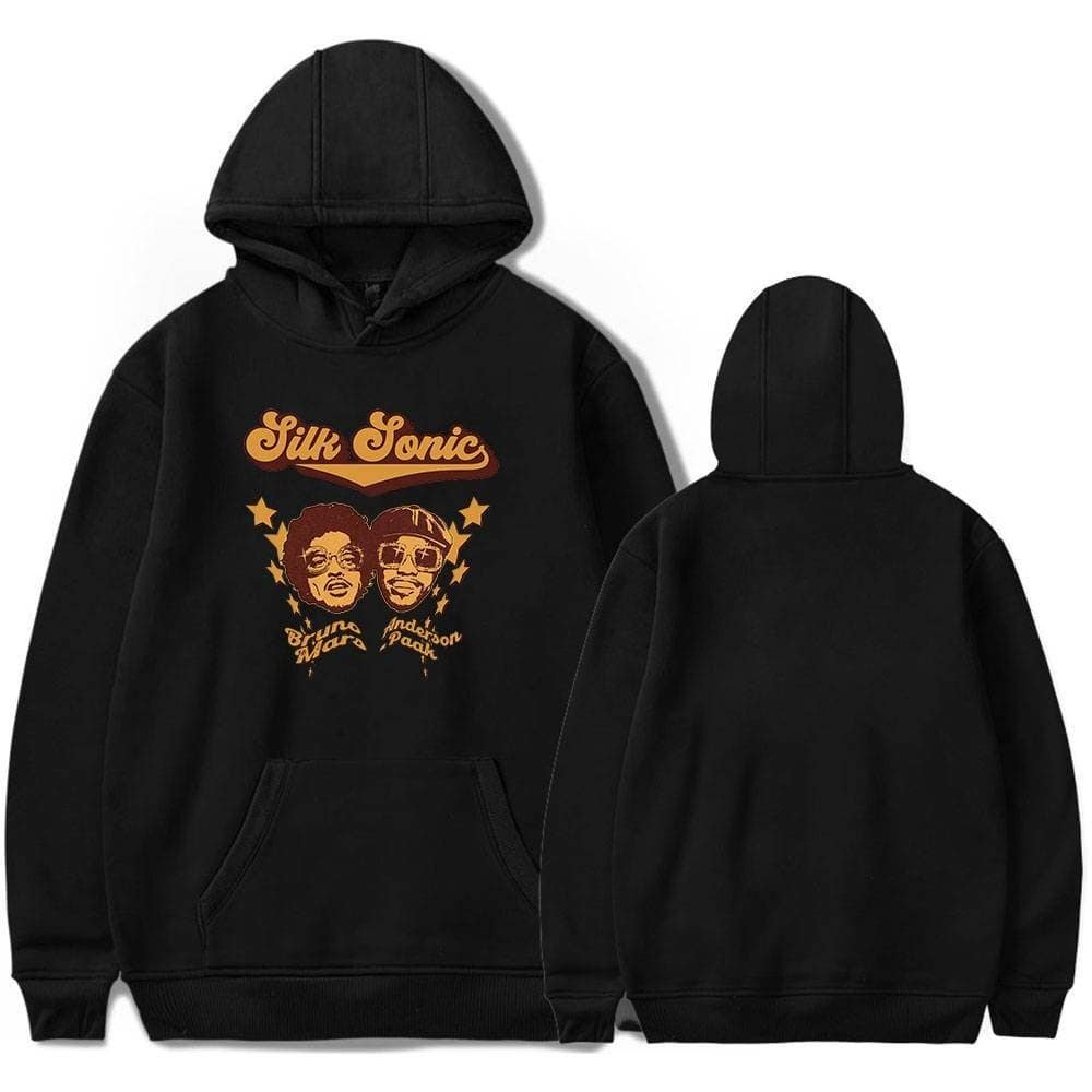 Silk Sonic hoodie featuring cartoon-style portraits of Bruno Mars and Anderson .Paak in orange and brown tones. Stylish, affordable, high-quality merch for fans of the duo. Perfect for casual wear and shows.