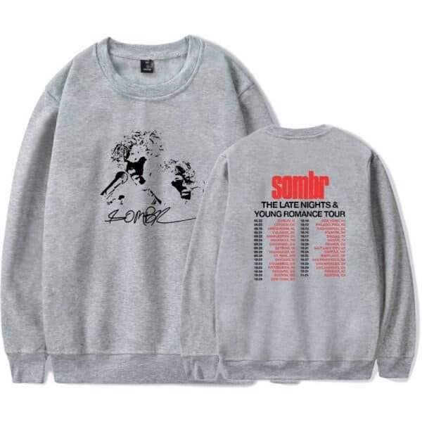 Comfy gray sweatshirt with printed graphic of singer Sombir and tour details, affordable high-quality merchandise display.