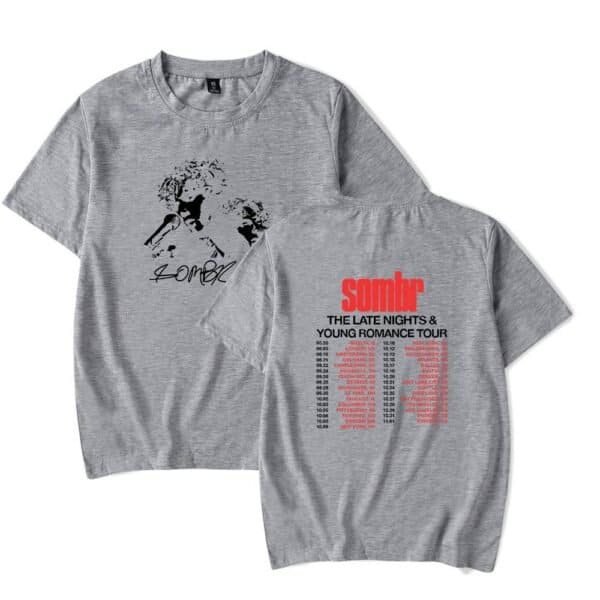 Comfy high quality merch t-shirt with printed tour dates and artwork of young romance band, casual unisex clothing, affordable price, stylish and durable, perfect for music fans and casual wear.