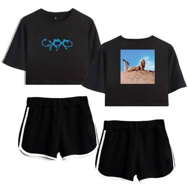 Black cropped T-shirt with graffiti design, paired with comfortable black athletic shorts with white trim. Perfect for stylish, affordable, high-quality casual wear or sports apparel.