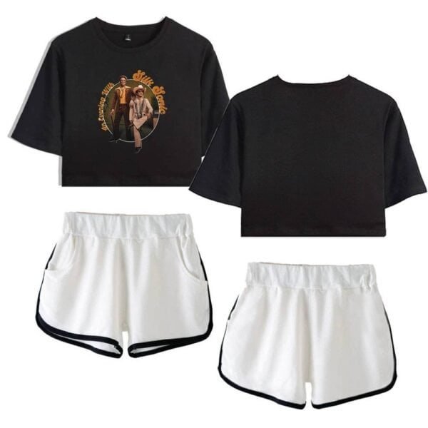 Black cropped graphic T-shirt with vintage-style design, front view.