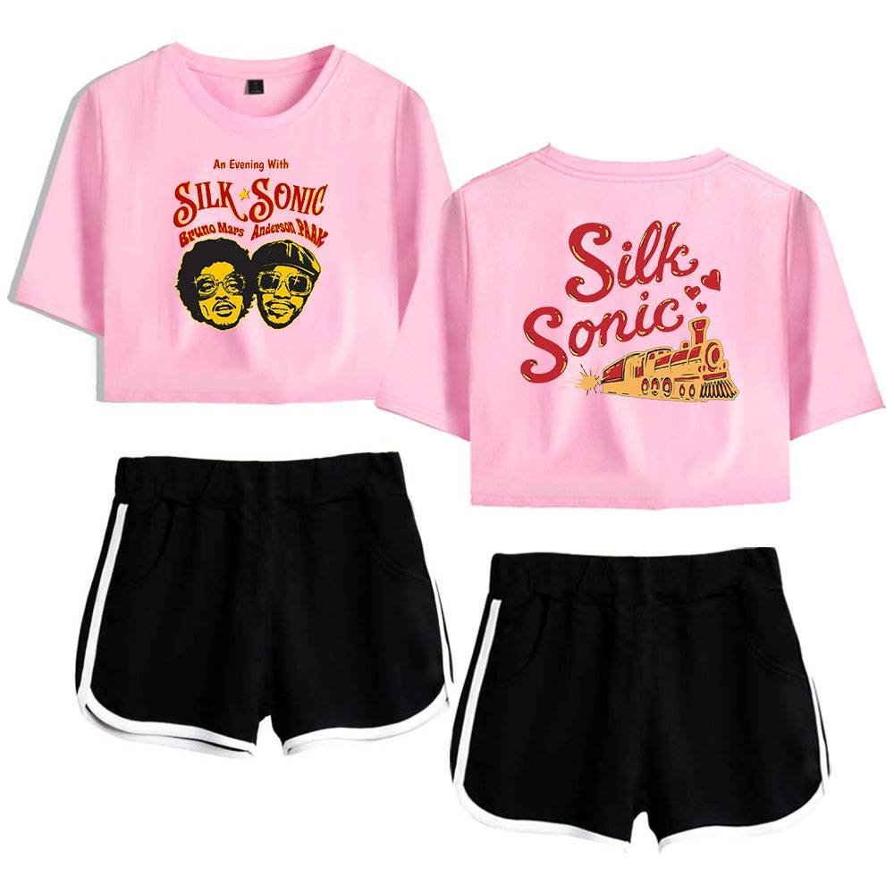 Silk Sonic pink cropped t-shirts with graphic print and black athletic shorts with white trim for stylish, affordable streetwear.