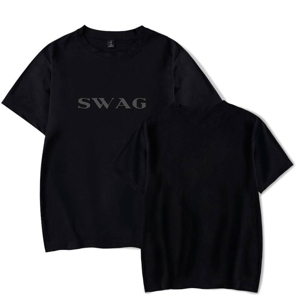 Swag black T-shirt with bold text graphic, casual style, comfortable fabric, suitable for everyday wear, affordable high-quality merchandise.