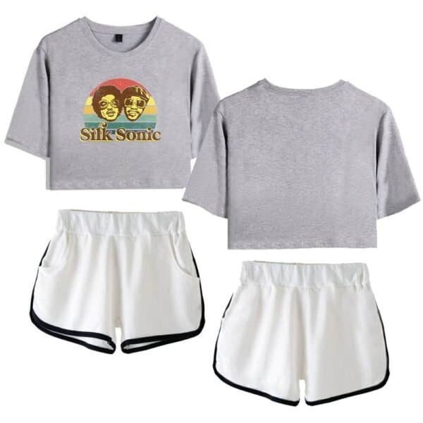 Silk sonic graphic t-shirt and white shorts set, affordable high-quality casual wear, perfect for fans of the band and comfortable summer outfits, stylish and budget-friendly.