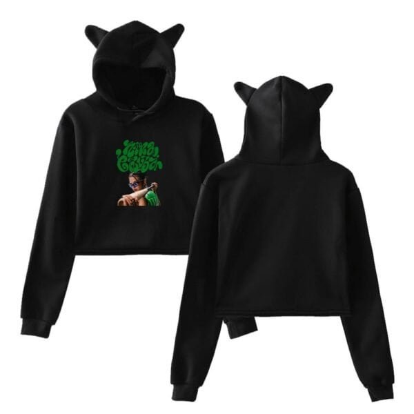 Black hoodie with cat ears and graphic print, stylish and affordable high-quality merch.