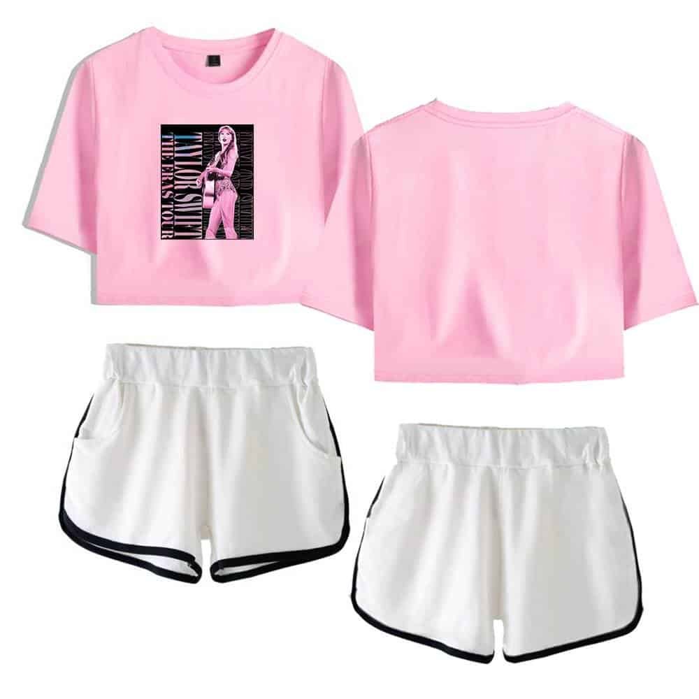 Pink casual crop top and athletic shorts set, high-quality and affordable, perfect for everyday wear and sports, with trendy design and comfort in mind.